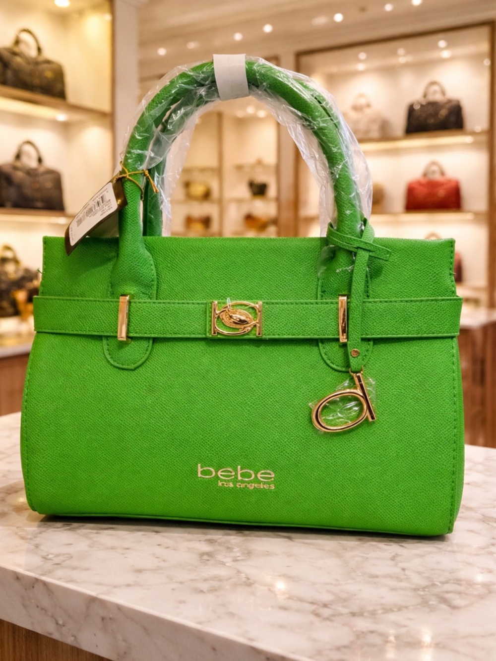 bebe Bright Green Structured Satchel with Gold Hardware